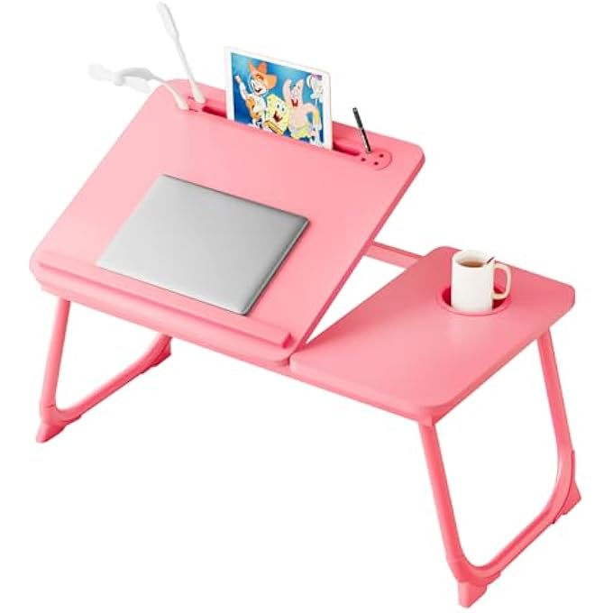 rayihni LAPTOP DESK FOR BED, ADJUSTABLE LAPTOP STAND WITH 5 DIFFERENT ANGLES, PORTABLE LAP TRAY TABLE WITH USB CHARGE PORT AND CUP HOLDER, LAPTOP BED DESK TRAY FOR EATING WORKING WRITING (PINK) - Image 1