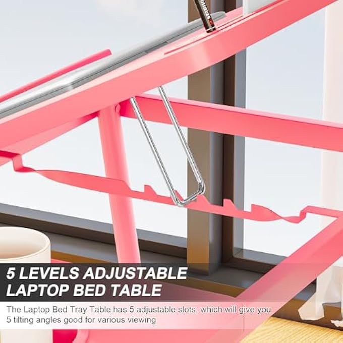 rayihni LAPTOP DESK FOR BED, ADJUSTABLE LAPTOP STAND WITH 5 DIFFERENT ANGLES, PORTABLE LAP TRAY TABLE WITH USB CHARGE PORT AND CUP HOLDER, LAPTOP BED DESK TRAY FOR EATING WORKING WRITING (PINK) - Image 3