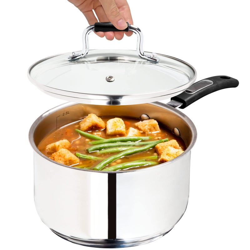 Millvado Sauce Pan Stainless Steel 3 Quart Sauce Pan with Clear Glass Lid and Permanent Measurement Markings Small Boiling Pot Induction Gas Electric Compatible