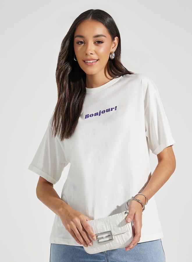 Styli Oversized Bonjour Print Turn-Up Sleeves T-Shirt  - Image 1