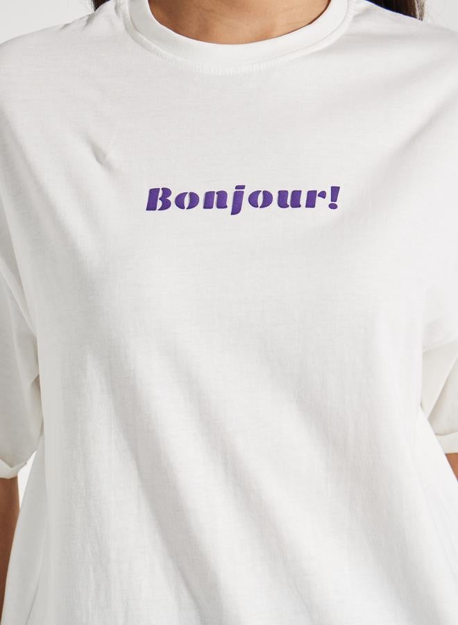 Styli Oversized Bonjour Print Turn-Up Sleeves T-Shirt  - Image 4