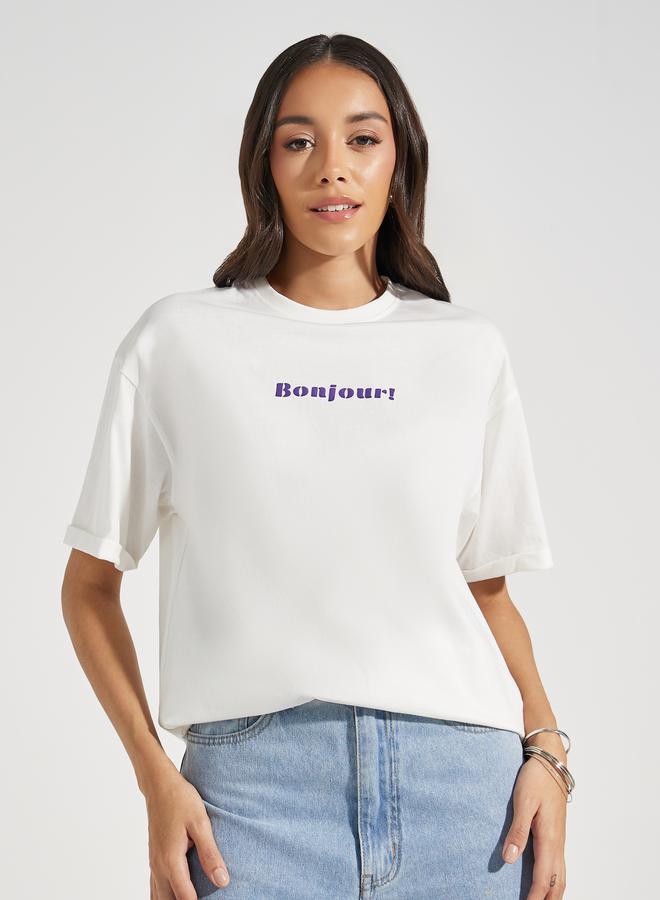 Styli Oversized Bonjour Print Turn-Up Sleeves T-Shirt  - Image 2