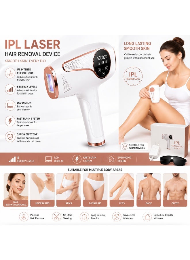 اكسيوم جنرال جهاز محمول لإزالة الشعر بتقنية IPL (الضوء النبضي المكثف) للرجال والنساء، لتقليل نمو الشعر بشكل دائم؛ يتميز بـ 5 مستويات للطاقة وشاشة LCD، ويوفر إزالة غير مؤلمة للشعر من الوجه والذراعين والساقين ومنطقة تحت الإبطين ومنطقة البكيني؛ متوفر باللونين الأبيض والذهبي الوردي. - Image 1
