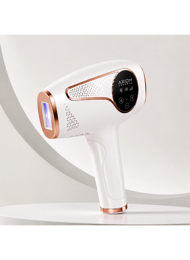 اكسيوم جنرال جهاز محمول لإزالة الشعر بتقنية IPL (الضوء النبضي المكثف) للرجال والنساء، لتقليل نمو الشعر بشكل دائم؛ يتميز بـ 5 مستويات للطاقة وشاشة LCD، ويوفر إزالة غير مؤلمة للشعر من الوجه والذراعين والساقين ومنطقة تحت الإبطين ومنطقة البكيني؛ متوفر باللونين الأبيض والذهبي الوردي. - Image 2