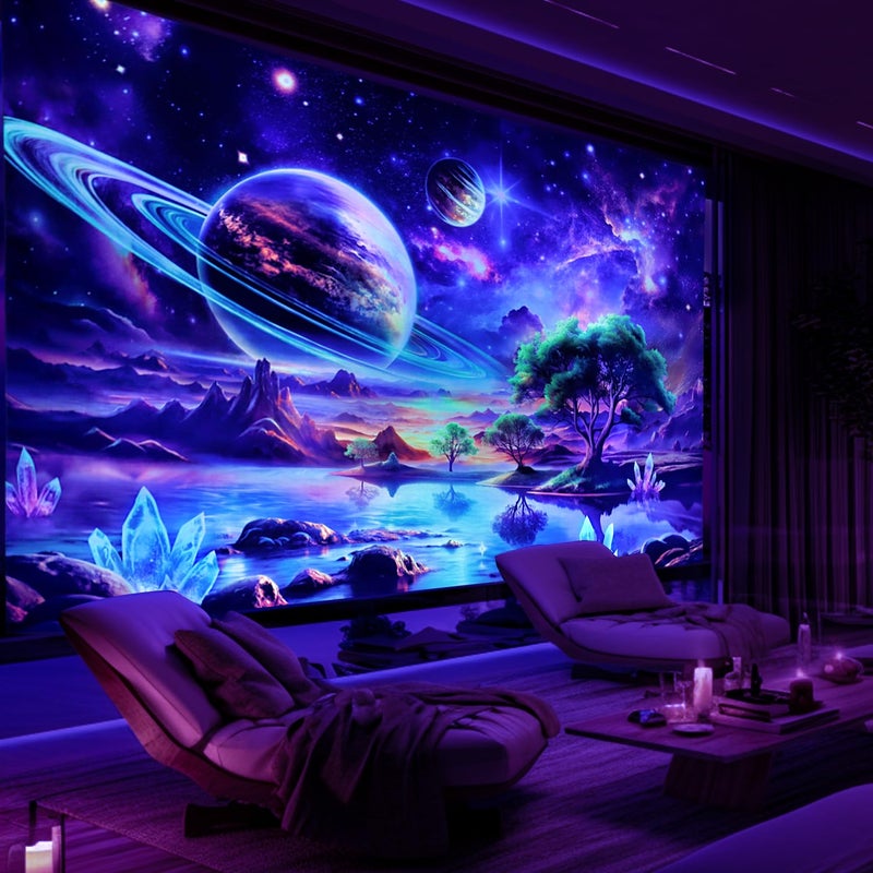 Lahasbja Blacklight Galaxy Space Tapestry UV Reactive Planet Wall Hanging Magical Trees Tapestries Cosmic Mountain Landscape Wall Decor Aesthetic Starry Night Backdrop for Bedroom - Image 4