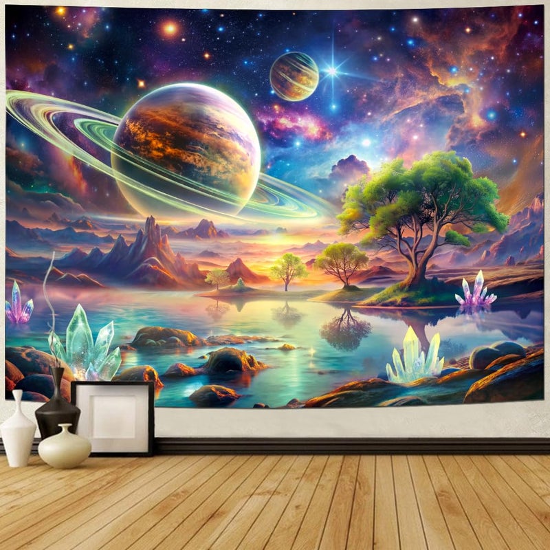 Lahasbja Blacklight Galaxy Space Tapestry UV Reactive Planet Wall Hanging Magical Trees Tapestries Cosmic Mountain Landscape Wall Decor Aesthetic Starry Night Backdrop for Bedroom - Image 2