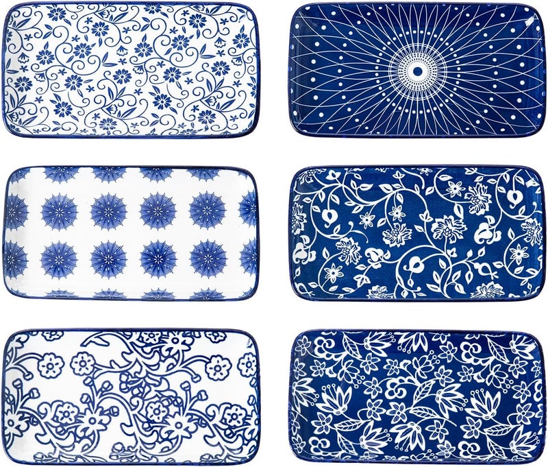 Cerkik Rectangle Serving Platter Set  8 Inch Ceramic Dinner Plates Rectangular Serving Trays for Sushi Salad Dessert Pasta Appetizer  Oven Microwave Dishwasher Safe  Set of 6  Vintage Blue - Image 1