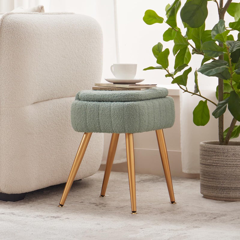 ZYKZYK Updated Vanity Chair, Storage Ottoman with Folding Back & Gold-Toned Metal Legs, Ottoman Seat with Teddy Velvet for Dressing Room Living Room Bedroom, 15" x 12" Inch - Image 4