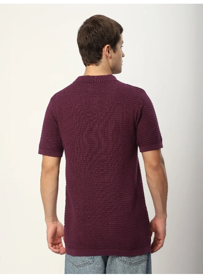 بيونغ French Wine Wave Textured Flat Knit Polo T-Shirt