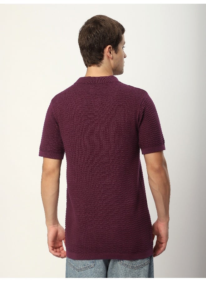 Beyoung French Wine Wave Textured Flat Knit Polo T-Shirt  - Image 2