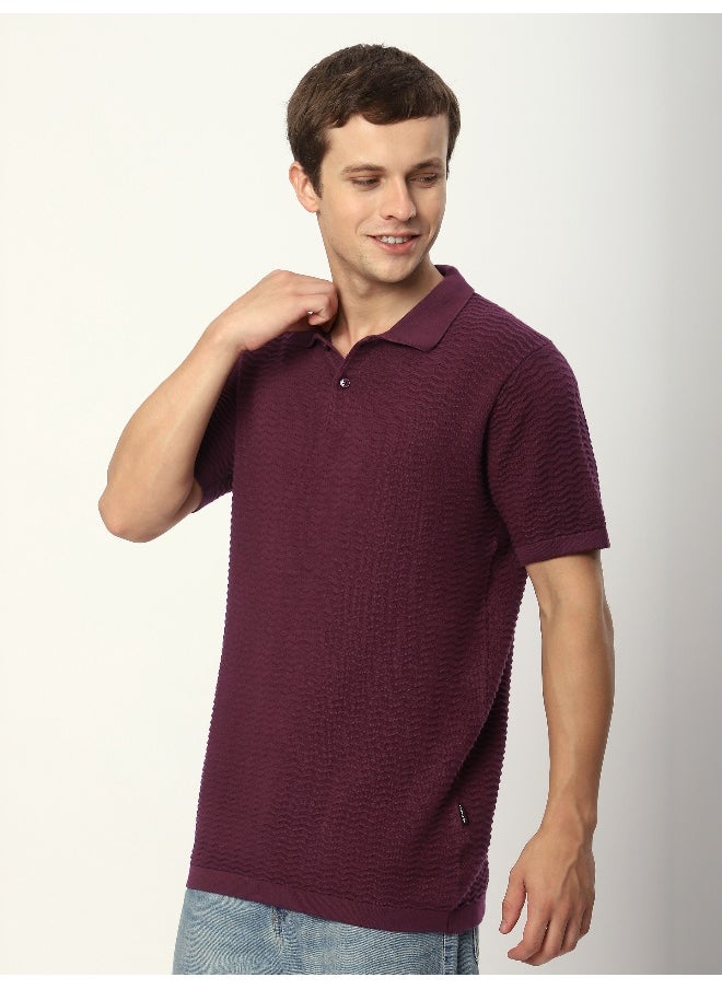 Beyoung French Wine Wave Textured Flat Knit Polo T-Shirt  - Image 4
