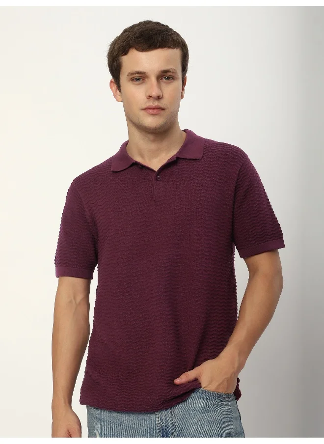 Beyoung French Wine Wave Textured Flat Knit Polo T-Shirt