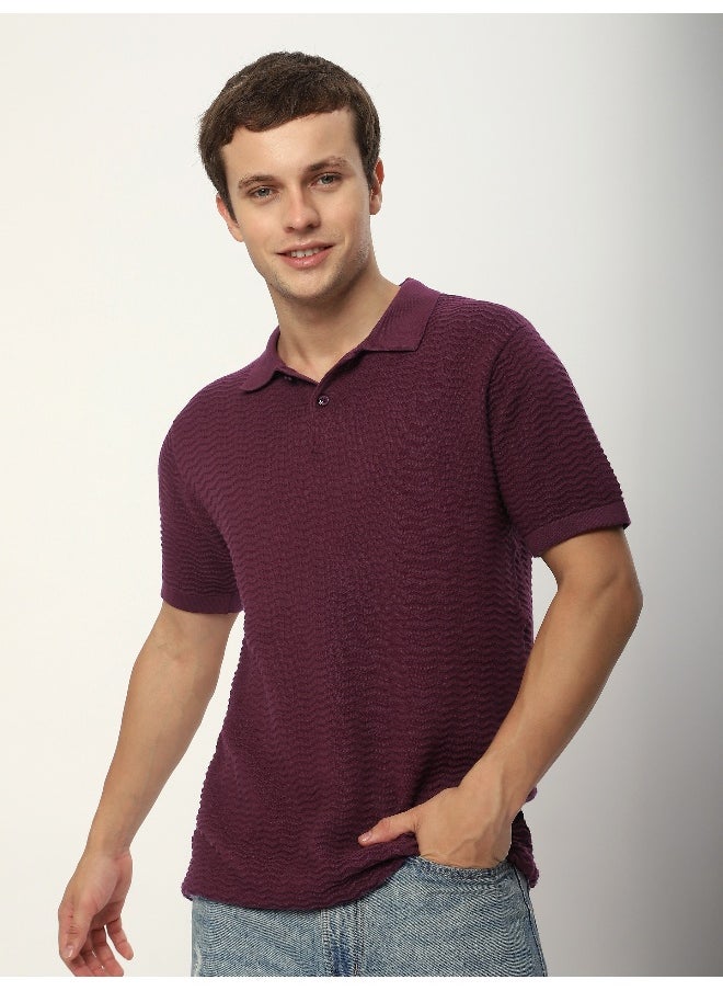 Beyoung French Wine Wave Textured Flat Knit Polo T-Shirt  - Image 5