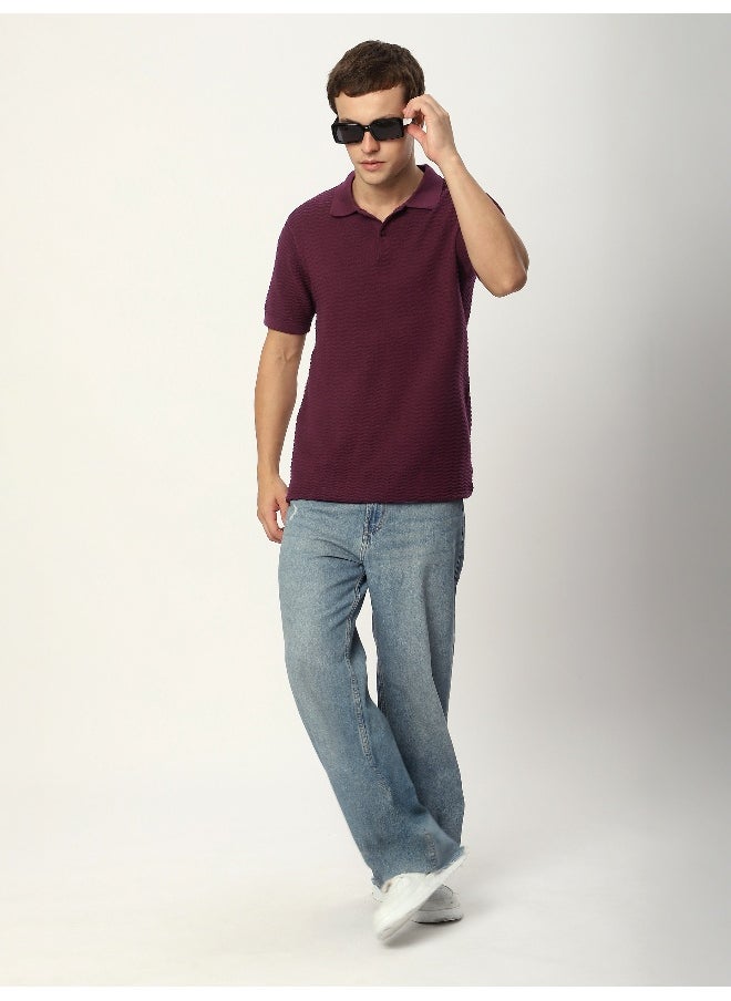 Beyoung French Wine Wave Textured Flat Knit Polo T-Shirt  - Image 3