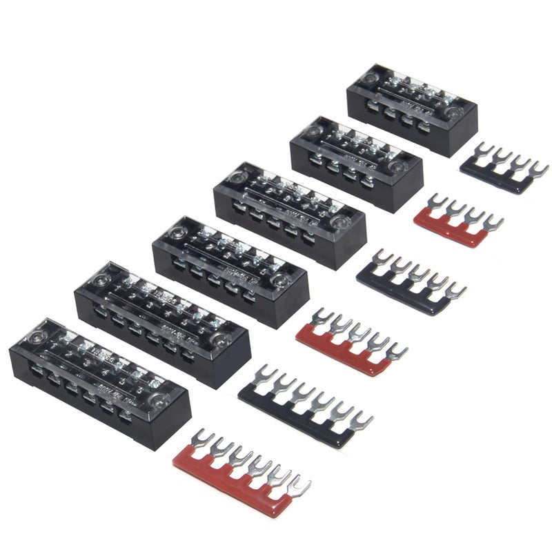 MILAPEAK Terminal Block and Strip - 6 Sets 4/5/6 Positions 600V 15A Dual Row Wire Screw Terminal Strip Block with Cover + 400V 15A Pre-Insulated Terminals Barrier Strips Jumpers (Black & Red) - Image 1