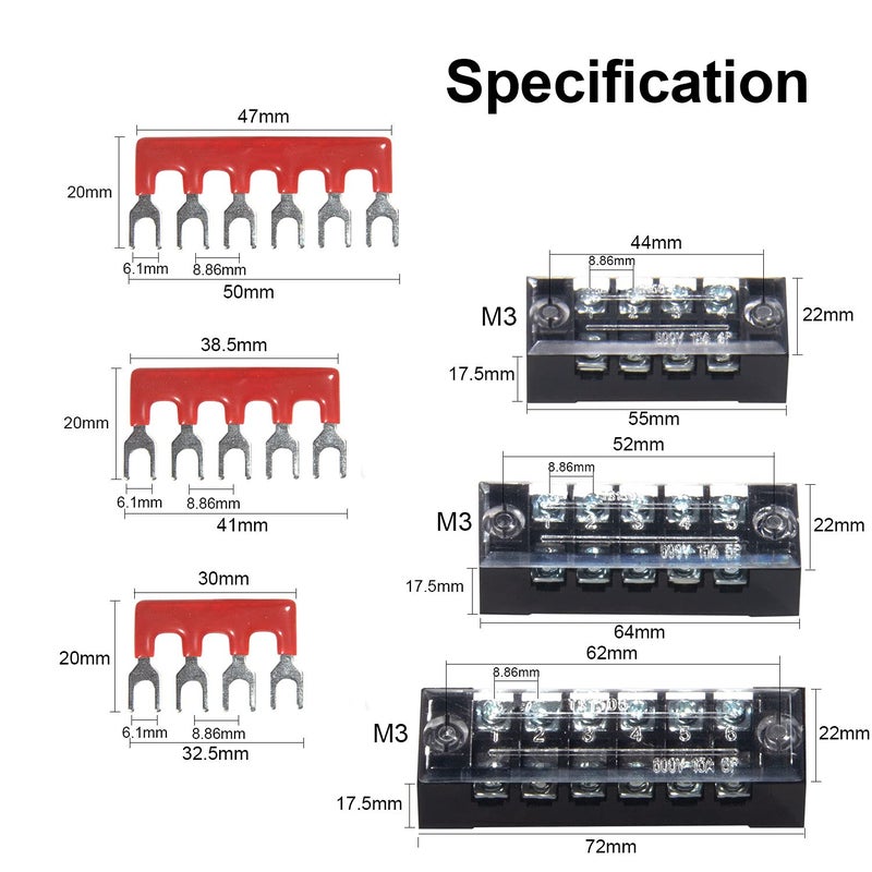 MILAPEAK Terminal Block and Strip - 6 Sets 4/5/6 Positions 600V 15A Dual Row Wire Screw Terminal Strip Block with Cover + 400V 15A Pre-Insulated Terminals Barrier Strips Jumpers (Black & Red) - Image 2