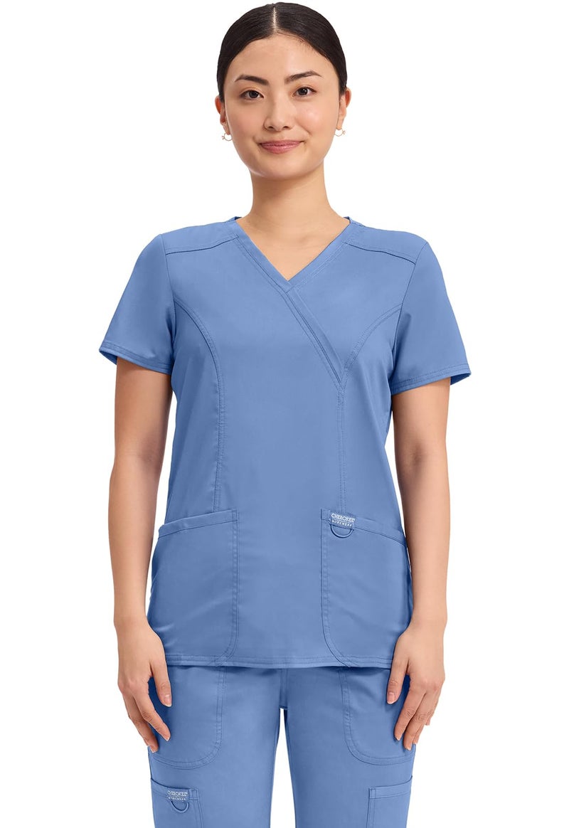 Cherokee Women Scrubs Top Workwear Revolution Mock Wrap WW610, S, Ciel Blue - Image 1