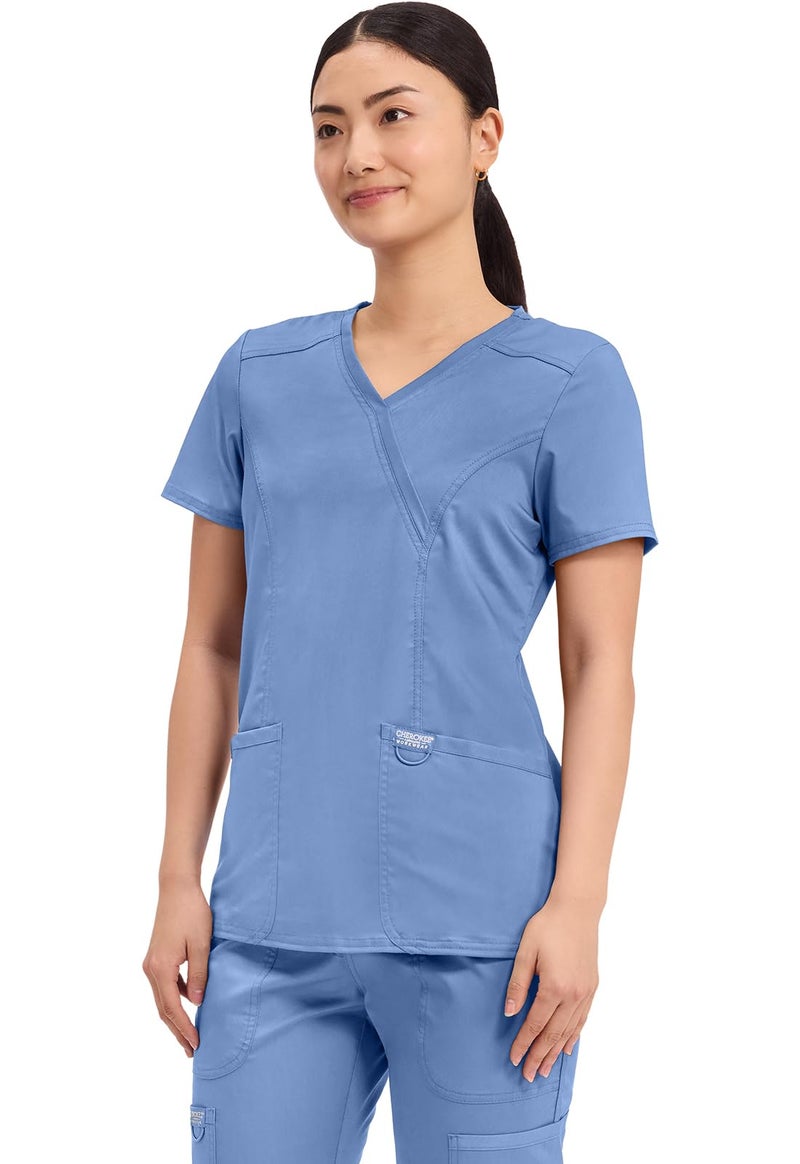 Cherokee Women Scrubs Top Workwear Revolution Mock Wrap WW610, S, Ciel Blue - Image 2