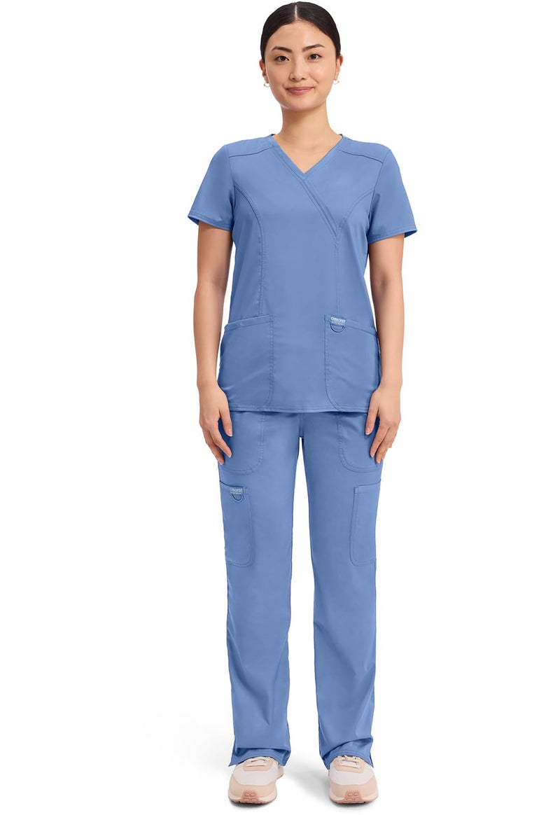 Cherokee Women Scrubs Top Workwear Revolution Mock Wrap WW610, S, Ciel Blue - Image 5