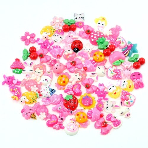 PUEEN 50pc Assorted Bows, Cats, Strawberry, Lady Bug, Ice Cream, Cupcake, Teddy Bear, Floral, Hearts, Bunny, Candy & More Flat Back Resin Cabochons Art & Cell Phone Decorations-BH000739 - Image 1