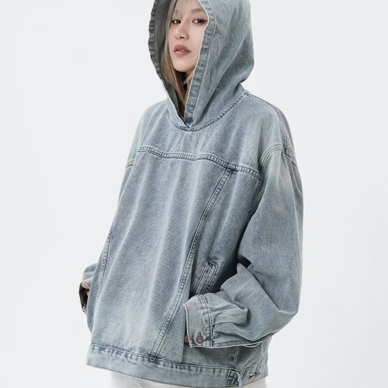 Old Washed Hooded Denim Sweatshirt Womens 2023 Autumn American Retro Street Style Loose Couple Coat Jacket Blue