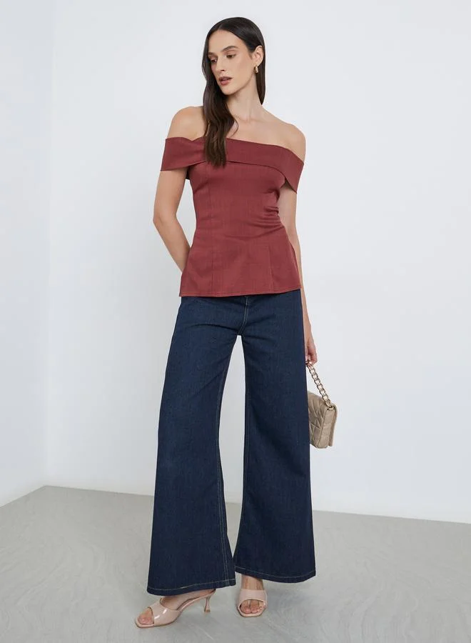 Styli Styli Solid Off Shoulder Blouse with Side Slit Detail