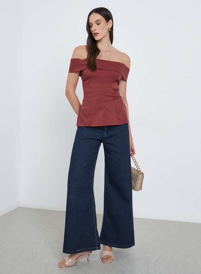 Styli Solid Off Shoulder Blouse with Side Slit Detail - Image 2