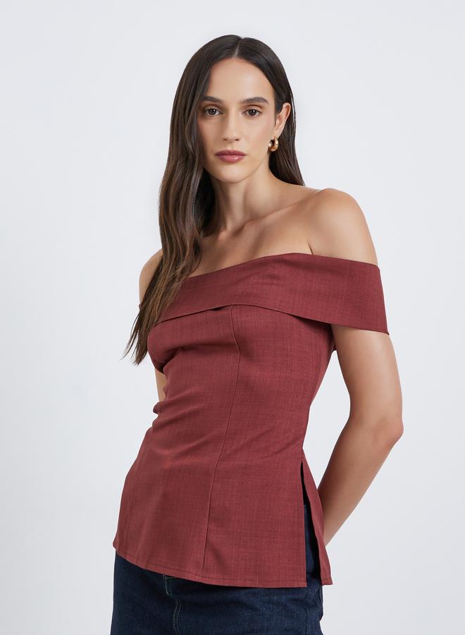 Styli Solid Off Shoulder Blouse with Side Slit Detail - Image 1