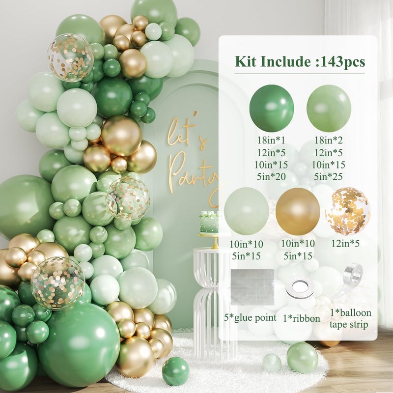 LANGASQUE Green and Gold Balloon Arch Kit, 143Pcs Emerald Sage Green Gold Balloons Garland Arch Kit Coffetti Balloons for Hunter Forest Birthday Wedding Baby Shower Gender Reveal Baptism Decorations - Image 4