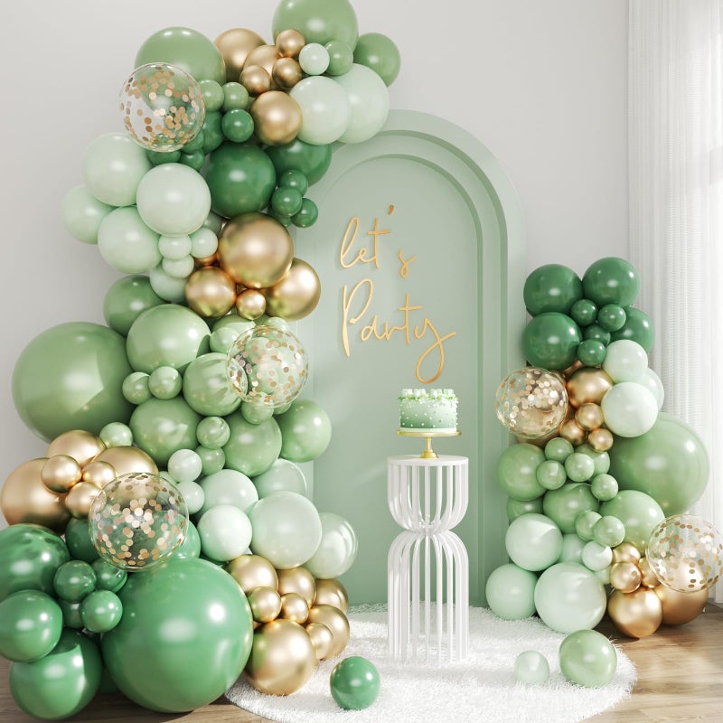 LANGASQUE Green and Gold Balloon Arch Kit, 143Pcs Emerald Sage Green Gold Balloons Garland Arch Kit Coffetti Balloons for Hunter Forest Birthday Wedding Baby Shower Gender Reveal Baptism Decorations - Image 1