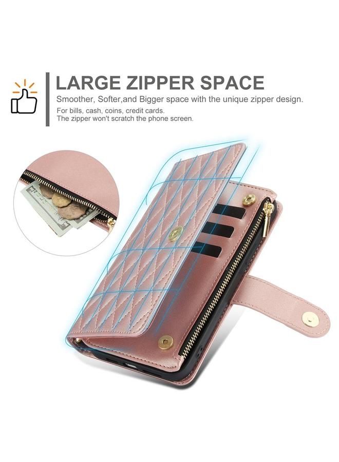 اس-توب جراب لهاتف Samsung Galaxy S25 / S24 5G YM016 جراب هاتف جلدي بسحاب معيني الشكل مع حبل تعليق - Image 3