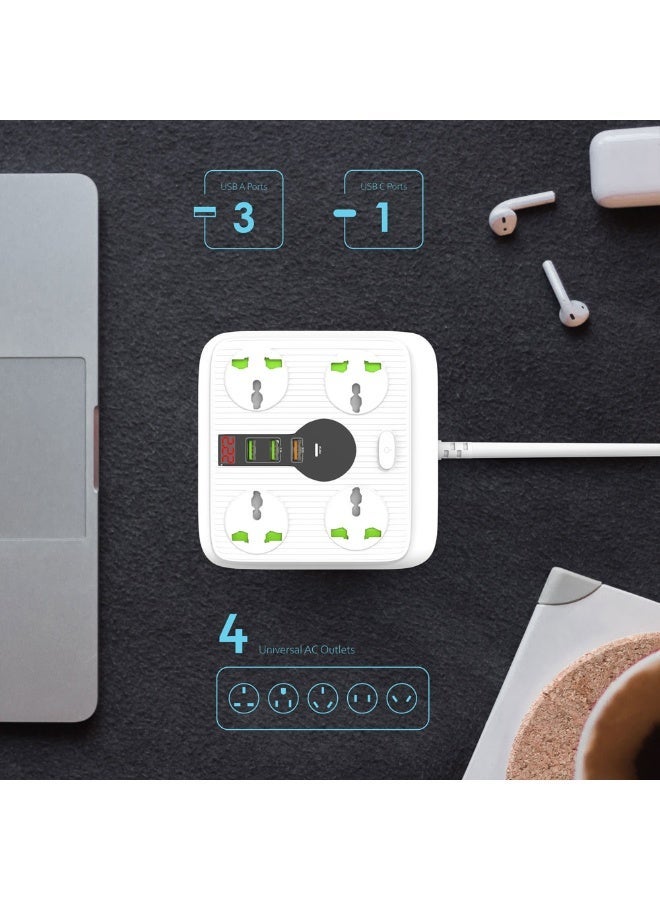 كريت مور شريط تمديد كهربائي مع شحن USB C PD بقدرة 20 واط، 4 منافذ عالمية، ومنفذ QC 3.0، ومنفذين USB 5V/2.1A، كابل بطول 3 أمتار، قدرة 3000 واط / 13 أمبير - Image 2