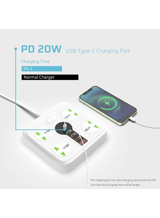 كريت مور شريط تمديد كهربائي مع شحن USB C PD بقدرة 20 واط، 4 منافذ عالمية، ومنفذ QC 3.0، ومنفذين USB 5V/2.1A، كابل بطول 3 أمتار، قدرة 3000 واط / 13 أمبير - Image 4