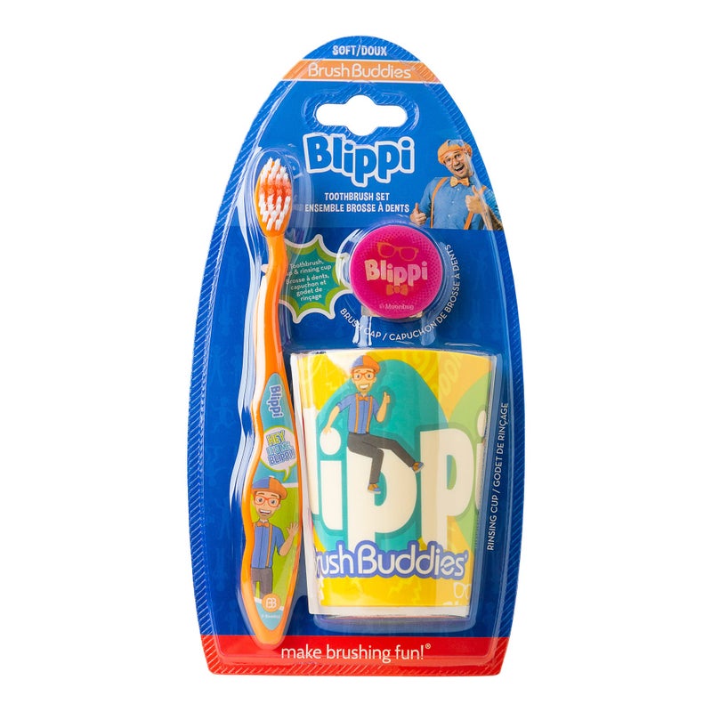 Brush Buddies Blippi Kids Toothbrushes Kit, Manual Toothbrushes for Kids, Toothbrush for Toddlers 2-4 Years, Travel Toothbrush Kit with Cover and Cup, 3PC - Image 1