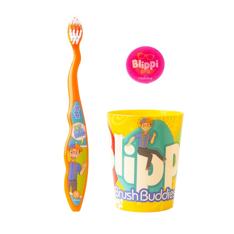 Brush Buddies Blippi Kids Toothbrushes Kit, Manual Toothbrushes for Kids, Toothbrush for Toddlers 2-4 Years, Travel Toothbrush Kit with Cover and Cup, 3PC - Image 2