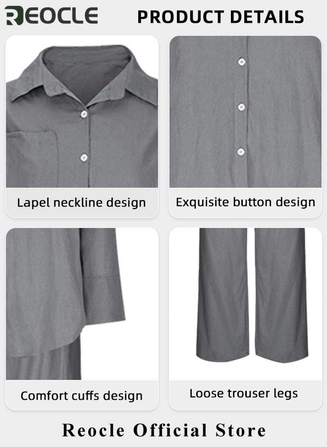 REOCLE Women 2 Pcs Outfits Cropped Sleeve Shirt Loose Pants Two-Piece Suit Lounge Sets Trendy Travel Vacation Outfits Tracksuit Clothes - Image 5