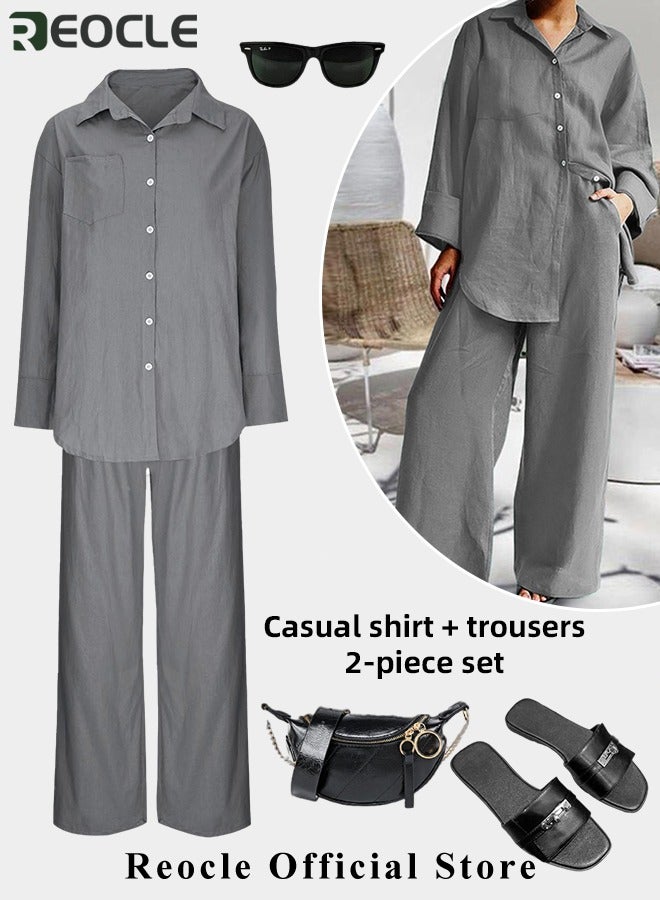 REOCLE Women 2 Pcs Outfits Cropped Sleeve Shirt Loose Pants Two-Piece Suit Lounge Sets Trendy Travel Vacation Outfits Tracksuit Clothes - Image 2