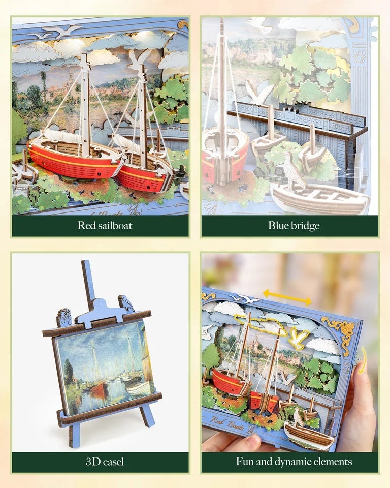 Rolife Red Boats Wooden 3D Puzzle 219 PCS DIY Wall Art Building Model Kit with LED Light for Home Decor Desktop Decor Wall Decor Gift for Adults Kids - Image 5