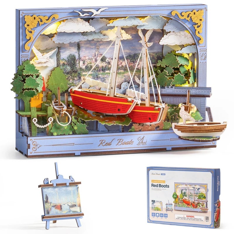 Rolife Red Boats Wooden 3D Puzzle 219 PCS DIY Wall Art Building Model Kit with LED Light for Home Decor Desktop Decor Wall Decor Gift for Adults Kids - Image 1