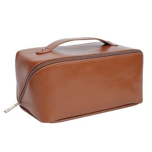 LARYNX Large Capacity Cosmetic Bag Womens Makeup Travel Bag Portable Leather Cosmetics Bag Makeup Storage Bags with Handle and Divider Wide Opening Cosmetic Organizer Bags 12 Cms Brown - Image 1