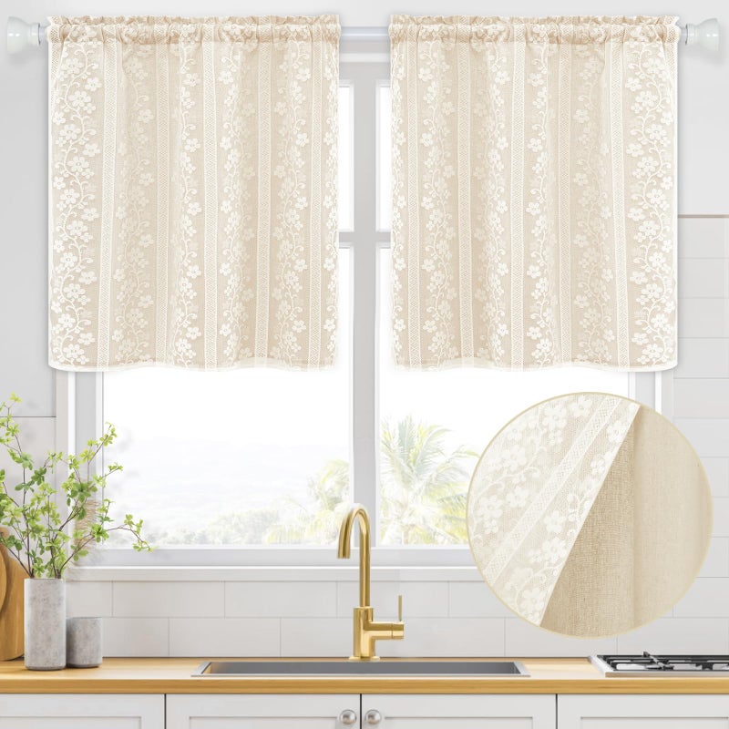 ASPMIZ Linen Kitchen Curtains 36 Inch Length, Double Layered Window Curtain 2 Panel Sets Rod Pocket Short Curtains for Kitchen, Farmhouse Window Treatment Tiers for Bathroom, Cafe, Beige - Image 2