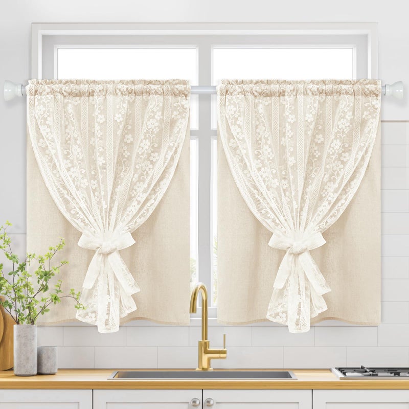 ASPMIZ Linen Kitchen Curtains 36 Inch Length, Double Layered Window Curtain 2 Panel Sets Rod Pocket Short Curtains for Kitchen, Farmhouse Window Treatment Tiers for Bathroom, Cafe, Beige - Image 1