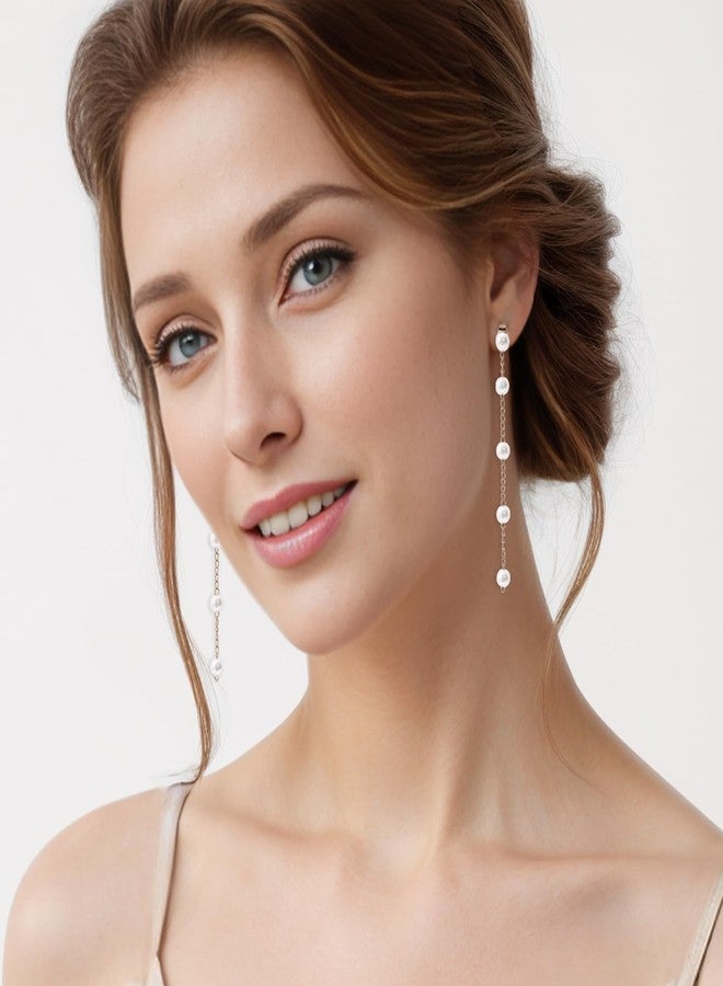 Gvhntk 9 Pairs Long Tassel Dangle Earrings for Women Plated Pearl Dangle Earrings Set Sparkling Threader Drop Earrings Chain Double Sided Pearl Earrings Cross Jewelry Gift for Bridal Wedding Christmas - Image 4