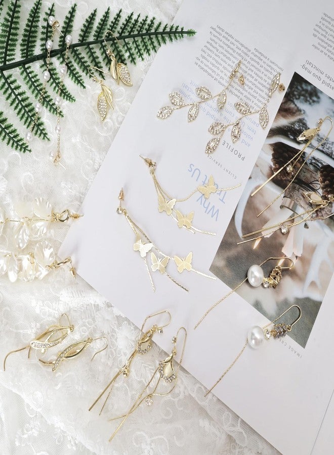 Gvhntk 9 Pairs Long Tassel Dangle Earrings for Women Plated Pearl Dangle Earrings Set Sparkling Threader Drop Earrings Chain Double Sided Pearl Earrings Cross Jewelry Gift for Bridal Wedding Christmas - Image 3