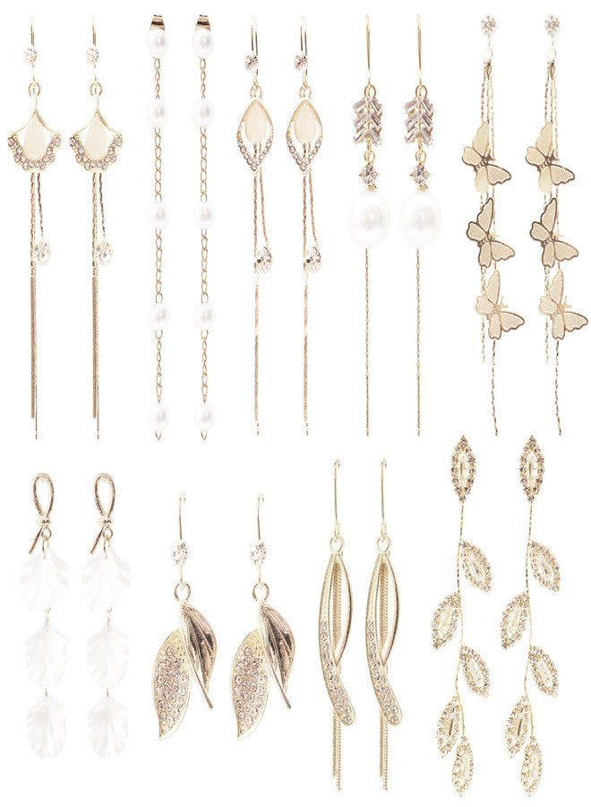 Gvhntk 9 Pairs Long Tassel Dangle Earrings for Women Plated Pearl Dangle Earrings Set Sparkling Threader Drop Earrings Chain Double Sided Pearl Earrings Cross Jewelry Gift for Bridal Wedding Christmas - Image 1