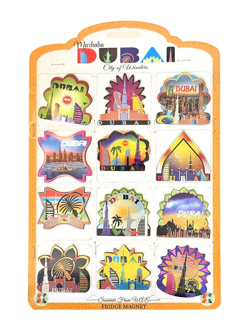 Souvenir Souq Set of 12 Dubai foil magnets featuring multiple patterns and vibrant designs—perfect as souvenirs, gifts, or home décor. - Image 1
