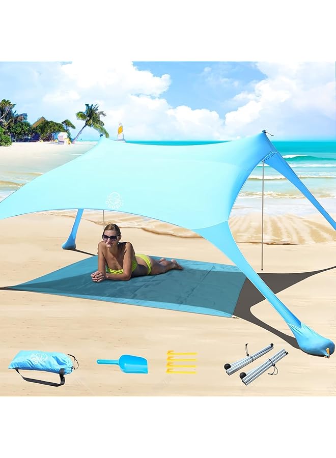 PROMASS خيمة شاطئية قابلة للنفخ، مظلة شمسية محمولة، خيام شاطئية مع ركيزة رملية للتخييم على الشاطئ وصيد الأسماك في الفناء مع بطانية شاطئية 6.56 × 6.88 قدم