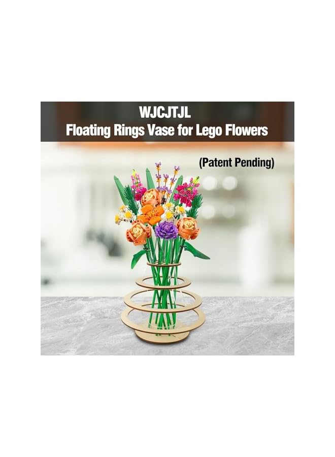 erorex Wooden Vase for Lego Flowers, Floating Rings Vase for Lego Flower Bouquet Building Set, Display Stand for Lego Roses Cherry Blossom Sunflower Tulips Daffodils Lotus, Perfect for Home Office Decor  - Image 3
