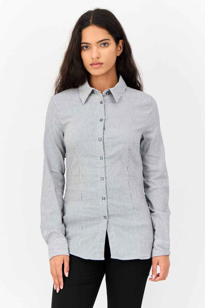 KOTON قميص نسائي بأكمام طويلة وياقة مفتوحة، مخطط، متعدد الألوان - Image 1