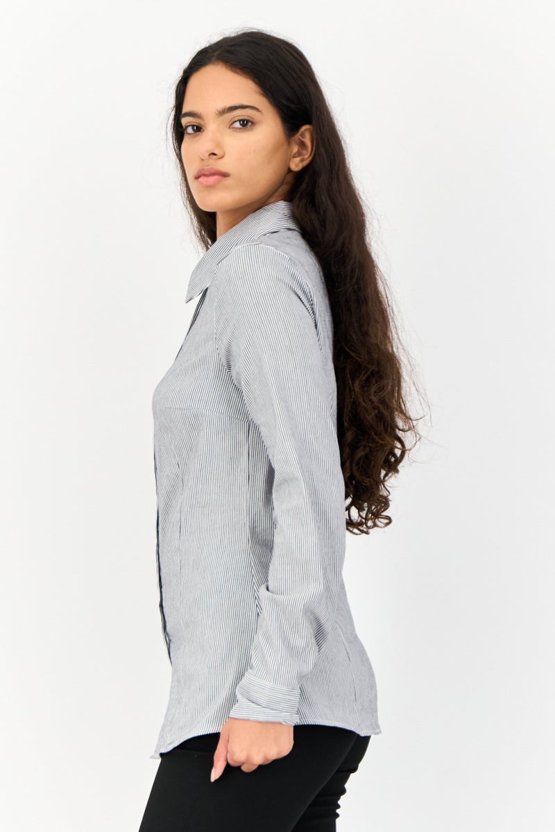 KOTON قميص نسائي بأكمام طويلة وياقة مفتوحة، مخطط، متعدد الألوان - Image 2